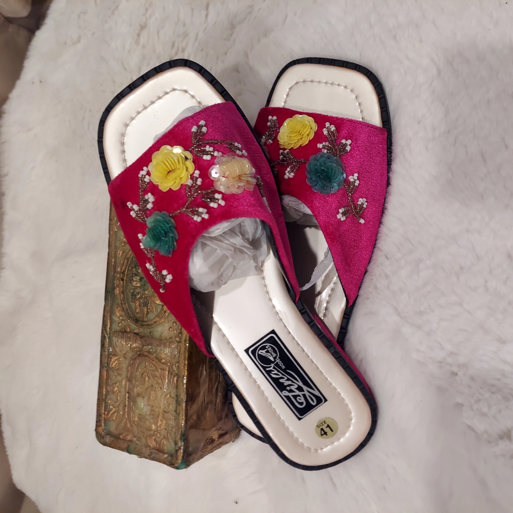 Pink and Yellow Floral Embroidered Sandals Style Chinese Size 41